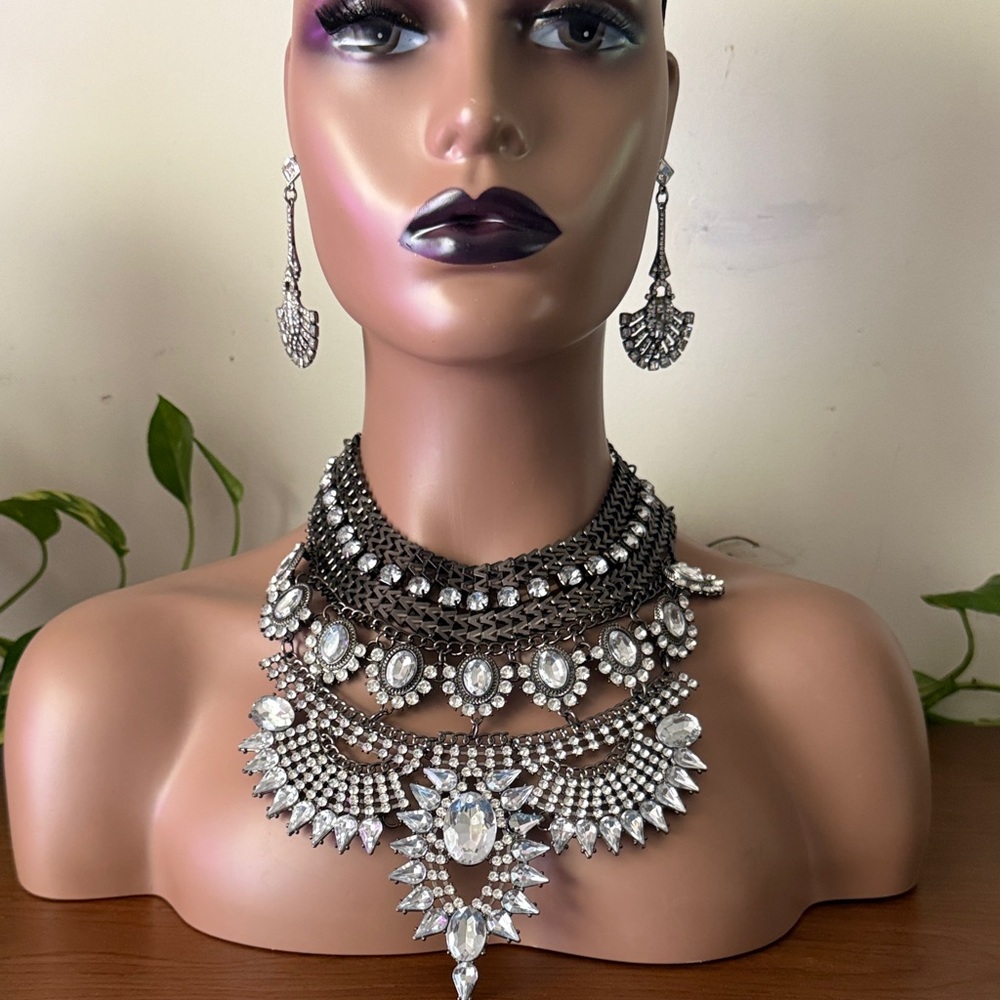 Vintage Silver Tone Crystal Multilayer Necklace Set - Women Jewelry